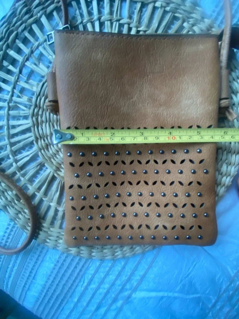 Women’s Tan Crossbody Bag with Studded Laser-Cut Detail Vegan Leather